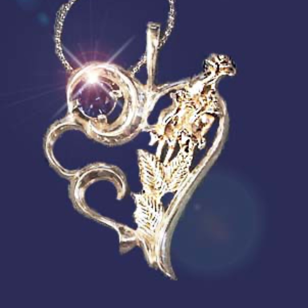 STERLING SILVER ROSE IN HEART SHAPE PENDANT, SYNTHETIC SAPPHIRE, 18 INCHES LONG,
